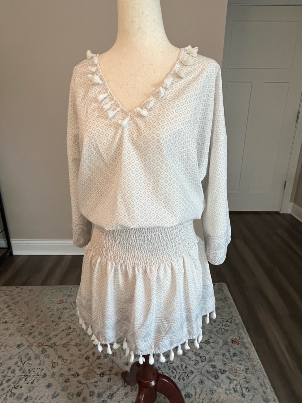 Boho Tassel Trim Mini Summer Dress and Beach Coverup with Smocked Waist